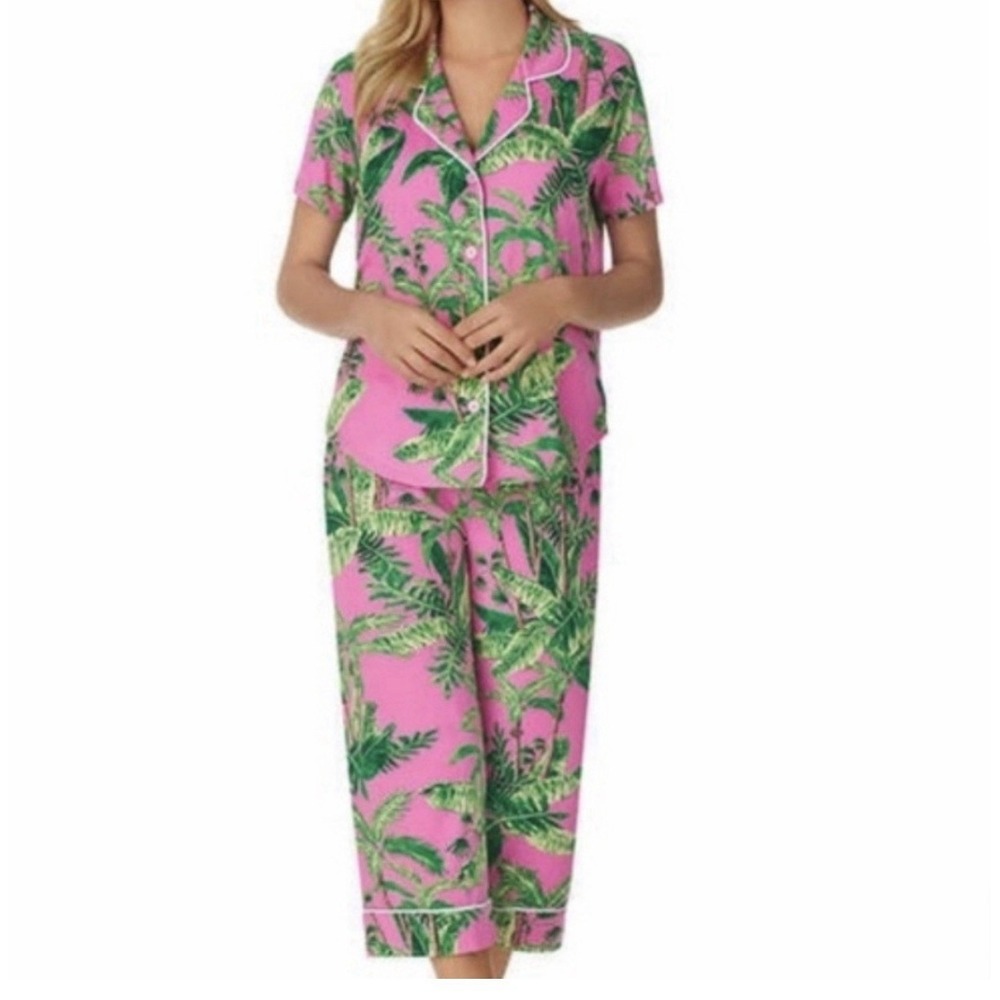 Room Service Pajamas 2-Piece Set Palm Tree Crop Pants Notch Collar Shirt Large
